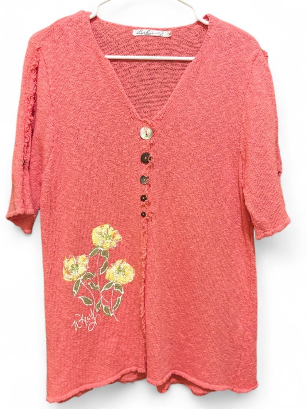 Lulu-B Coral Pink Knit Button-Front Top with Yellow Floral Detail MEDIUM